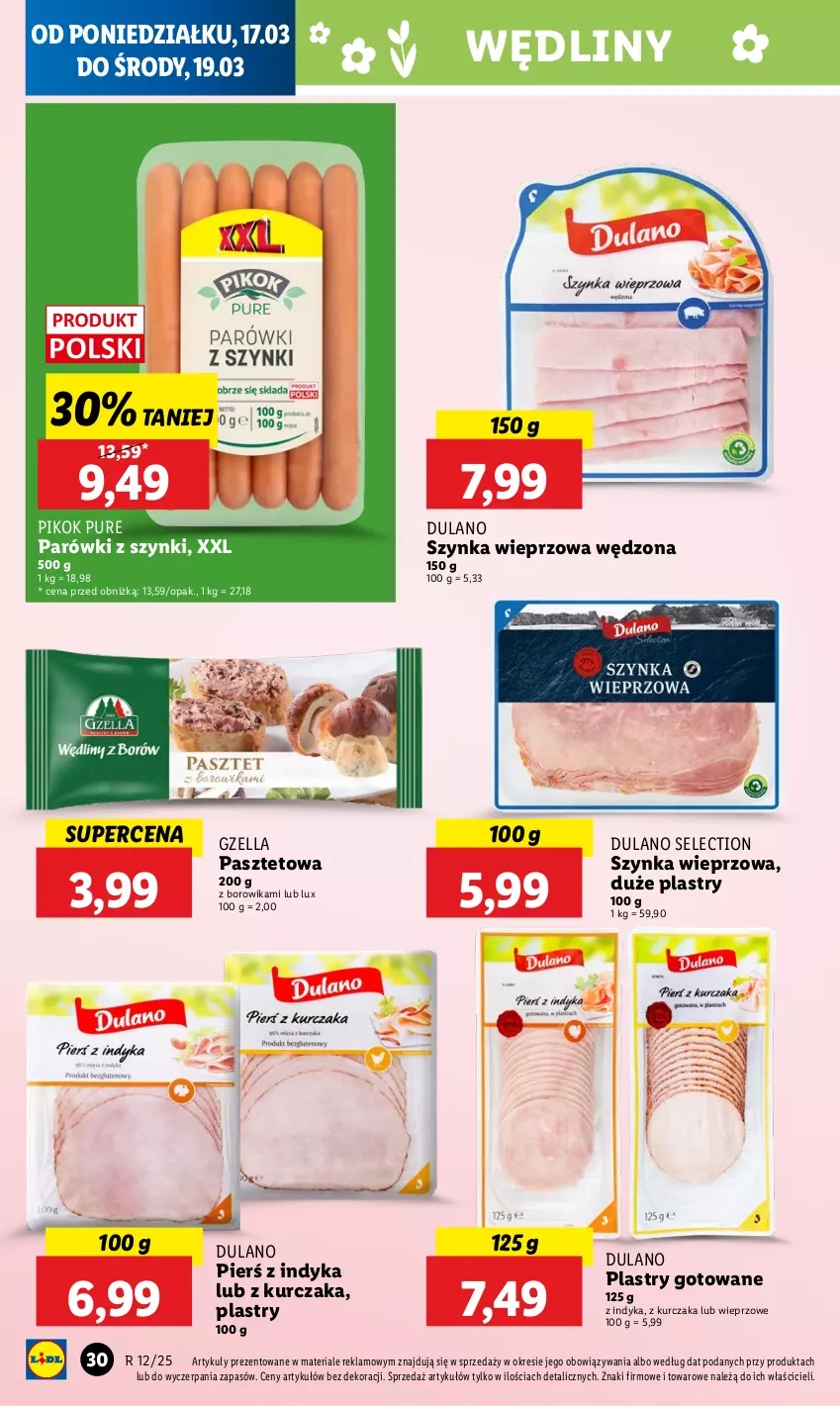 Gazetka promocyjna Lidl - GAZETKA - ważna 17.03 do 19.03.2025 - strona 30 - produkty: Dulano, Kurczak, Parówki, Parówki z szynki, Pasztet, PIKOK, Pur, Szynka, Szynka wieprzowa