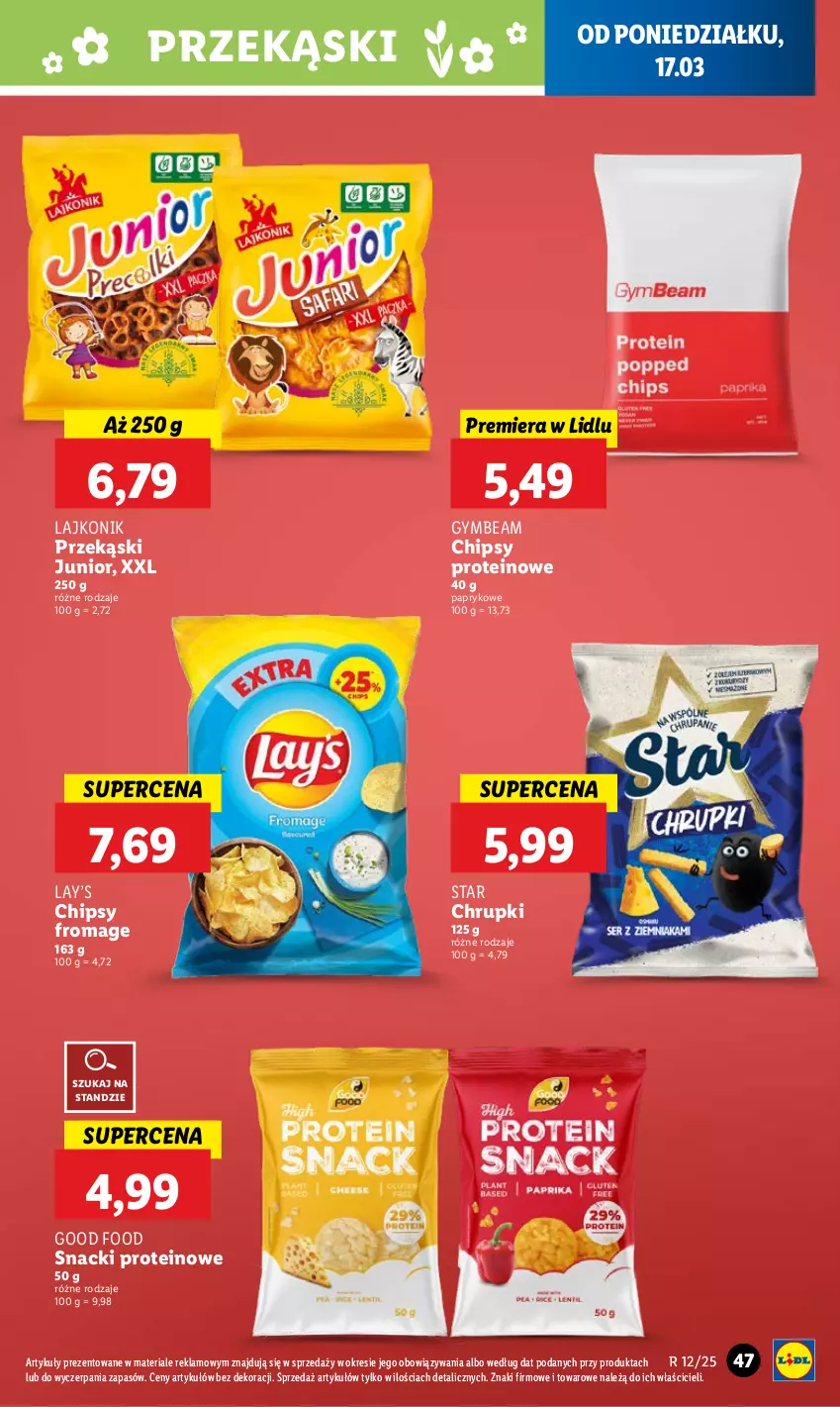 Gazetka promocyjna Lidl - GAZETKA - ważna 17.03 do 19.03.2025 - strona 47 - produkty: Chipsy, Chrupki, Lajkonik, Lay’s