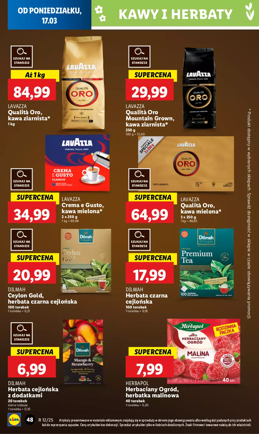 Gazetka promocyjna Lidl - GAZETKA - ważna 17.03 do 19.03.2025 - strona 50 - produkty: Dilmah, Herbapol, Herbata, Herbata czarna, Kawa, Kawa mielona, Kawa ziarnista, Lavazza, Ogród, Torebka