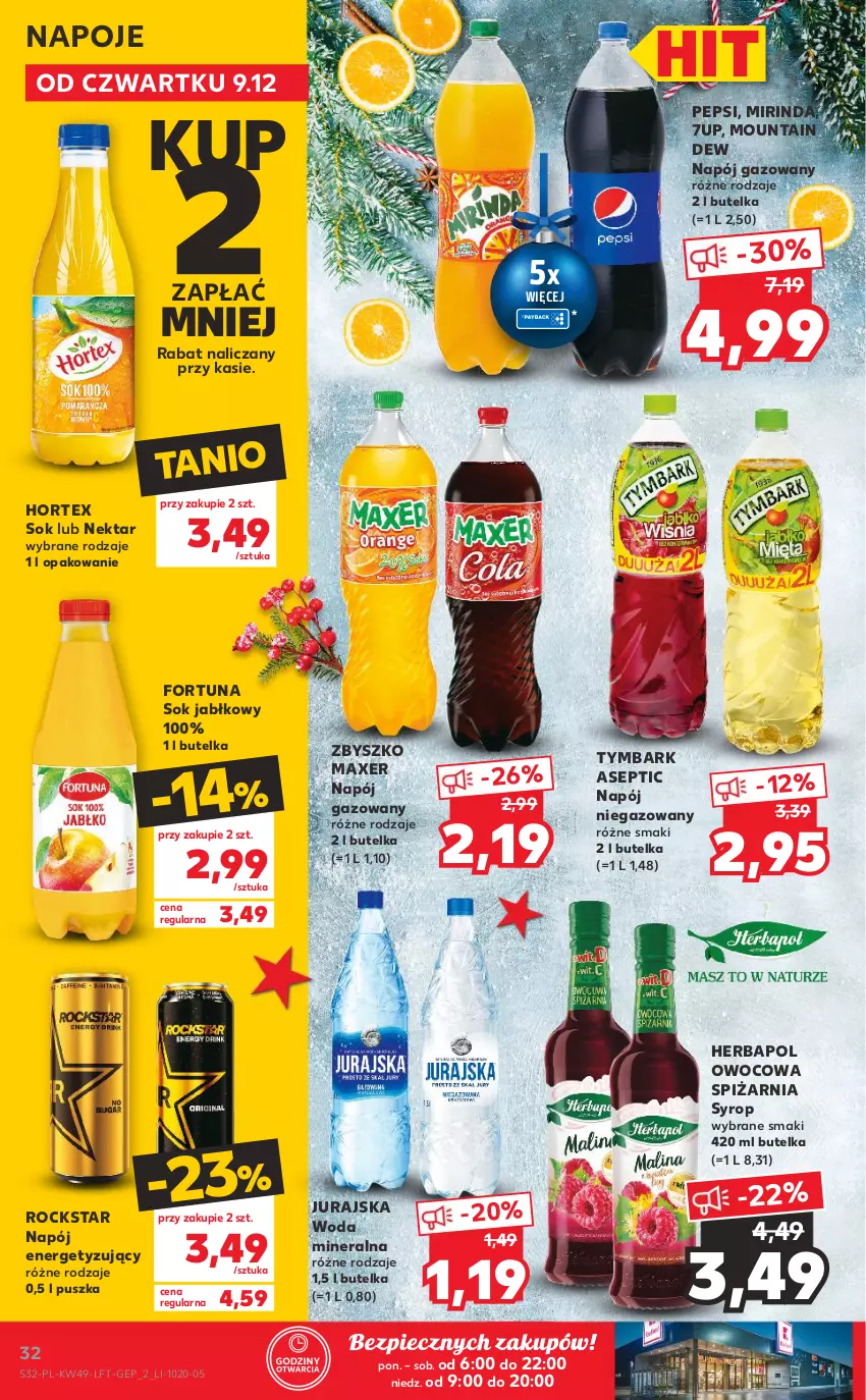 Gazetka promocyjna Kaufland - OFERTA TYGODNIA - ważna 09.12 do 15.12.2021 - strona 32 - produkty: 7up, Fortuna, Herbapol, Hortex, Maxer, Mirinda, Napój, Napój gazowany, Napój niegazowany, Napoje, Nektar, Pepsi, Piec, Sok, Sok jabłkowy, Syrop, Tymbark, Woda, Woda mineralna