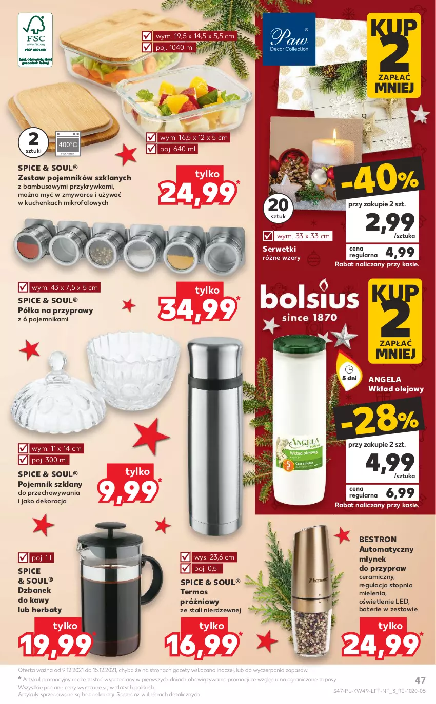 Gazetka promocyjna Kaufland - OFERTA TYGODNIA - ważna 09.12 do 15.12.2021 - strona 47 - produkty: Dzbanek, Fa, Gra, Młynek, Olej, Pojemnik, Pojemnik szklany, Półka, Przyprawy, Ser, Serwetki, Termos, Top, Wkład olejowy