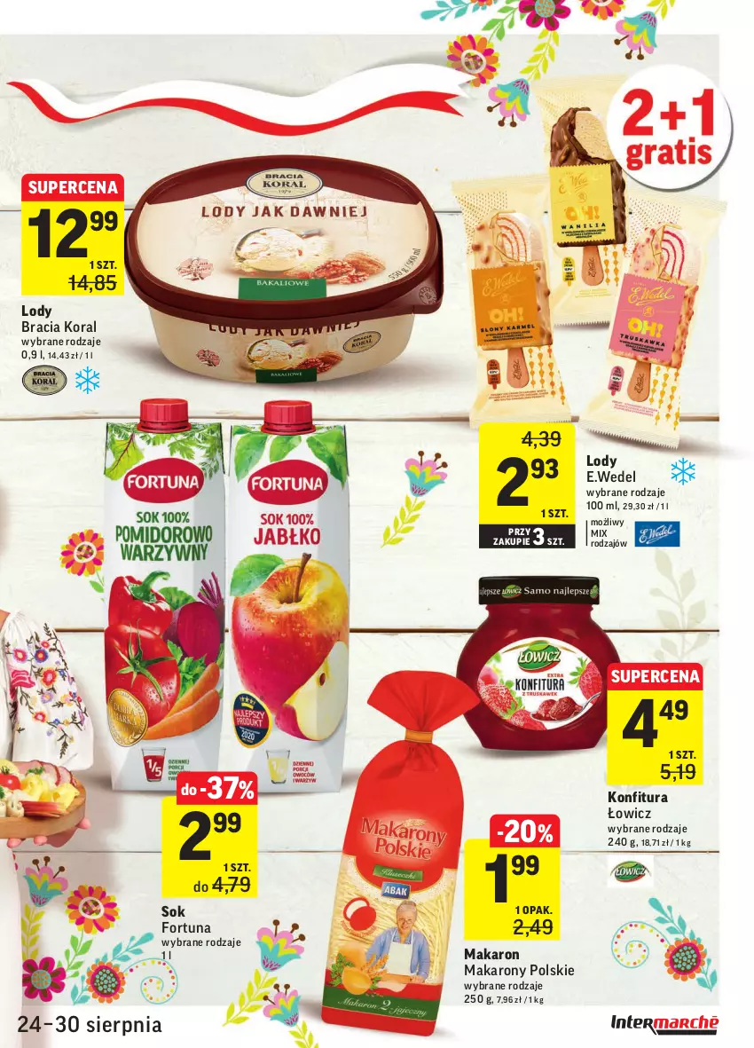 Gazetka promocyjna Intermarche - Gazetka promocyjna - ważna 24.08 do 30.08.2021 - strona 3 - produkty: Fortuna, Konfitura, Lody, Makaron, Sok