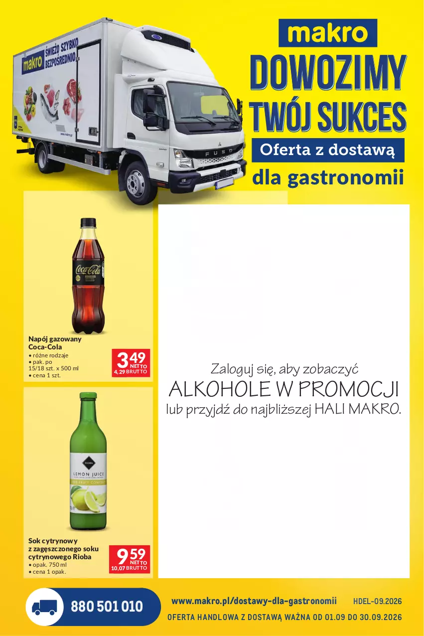 Gazetka promocyjna Makro - Dostawy dla gastronomii - ważna 01.09 do 30.09.2026 - strona 1 - produkty: Alkohole, Coca-Cola, JBL, Mus, Napój, Napój gazowany, Pilsner Urquell, Piwo, Rioba, Sok, Whiskey, Wino, Wino musujące, Wódka, Wyborowa