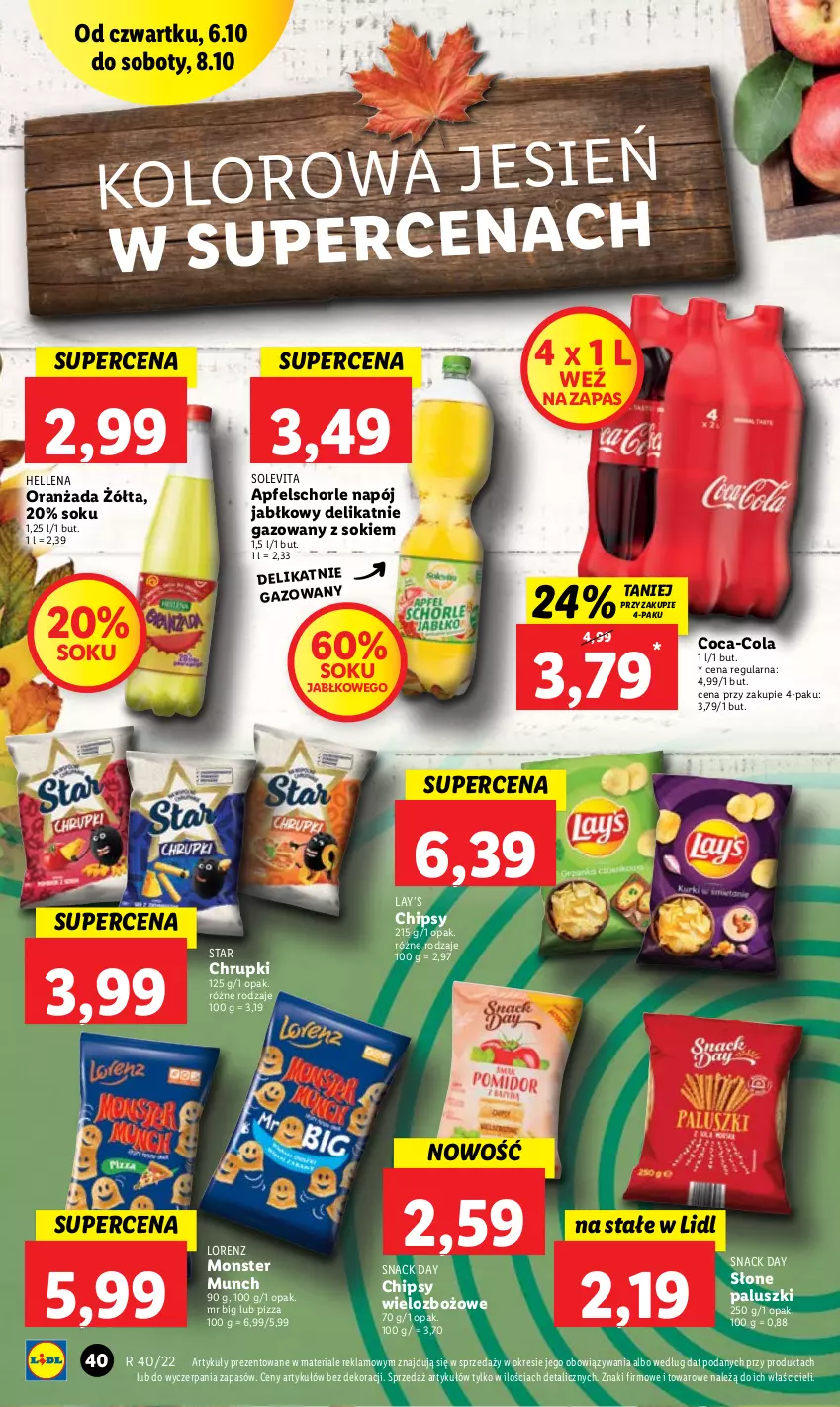 Gazetka promocyjna Lidl - GAZETKA - ważna 06.10 do 08.10.2022 - strona 40 - produkty: Chipsy, Chrupki, Coca-Cola, Hellena, Lay’s, Lorenz, Monster Munch, Napój, Oranżada, Pizza, Słone paluszki, Sok