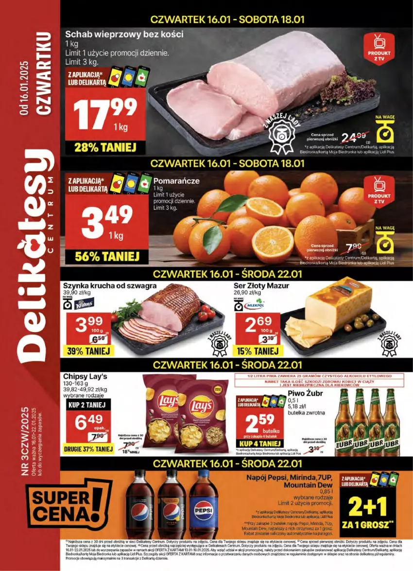 Gazetka promocyjna Delikatesy Centrum - NOWA GAZETKA Delikatesy Centrum od 16 stycznia! 16-22.01.2025 - ważna 16.01 do 22.01.2025 - strona 1 - produkty: Chipsy, Gra, Orka, Piec, Piwa, Piwo, Pomarańcze, Rum, Schab wieprzowy, Ser, Szynka, Tran, Złoty Mazur