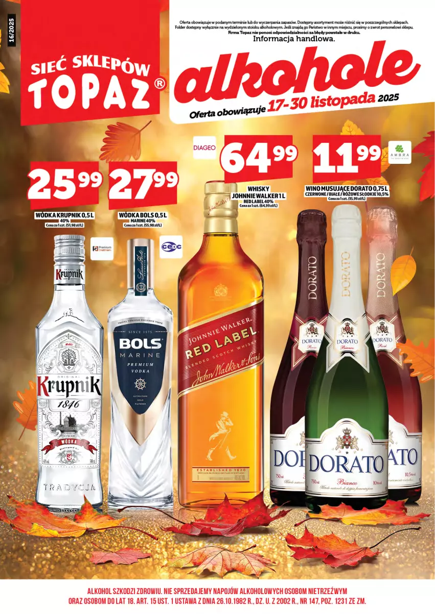 Gazetka promocyjna Topaz - Gazetka - ważna 17.11 do 30.11.2025 - strona 3 - produkty: Bols, Krupnik, Mus, Top, Whisky, Wino, Wino musujące, Wódka