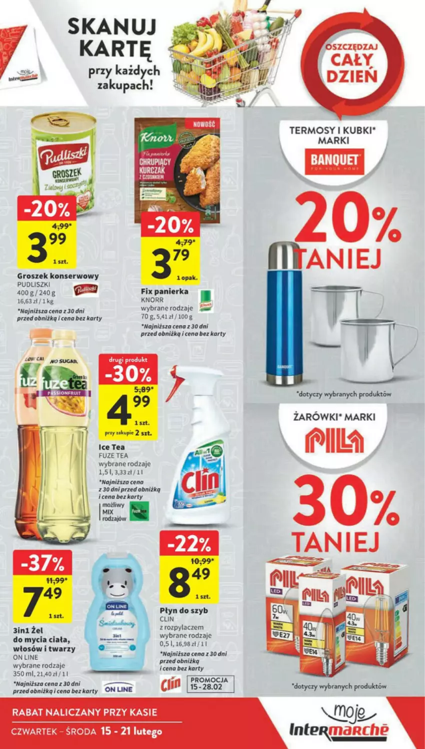 Gazetka promocyjna Intermarche - ważna 15.02 do 21.02.2024 - strona 3 - produkty: Clin, Groszek, Ice tea, Knorr, Płyn do szyb, Pudliszki, Ser, Termos