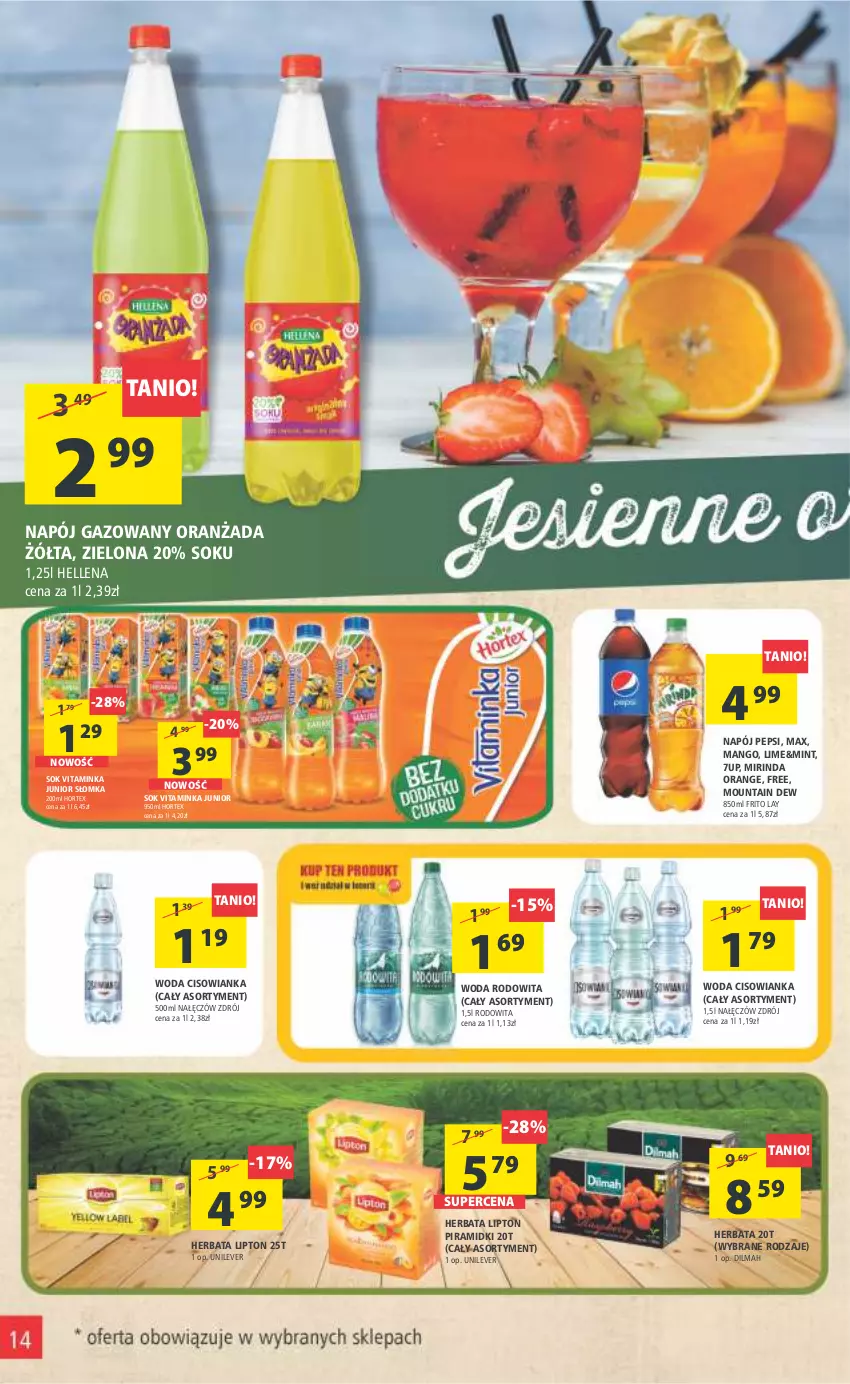 Gazetka promocyjna Arhelan - Gazetka - ważna 21.10 do 30.10.2022 - strona 14 - produkty: 7up, Cisowianka, Dilmah, Hellena, Herbata, Hortex, Inka, Lipton, Mango, Mirinda, Napój, Napój gazowany, Oranżada, Pepsi, Sok, Woda