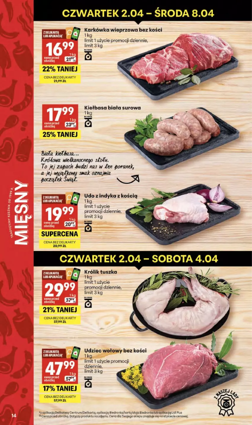 Gazetka promocyjna Delikatesy Centrum - Franczyza DC14 Czwartek - ważna 02.04 do 08.04.2026 - strona 14 - produkty: Karkówka wieprzowa, Kiełbasa, Kiełbasa biała, Królik, Por, Rum, Tusz, Udziec wołowy