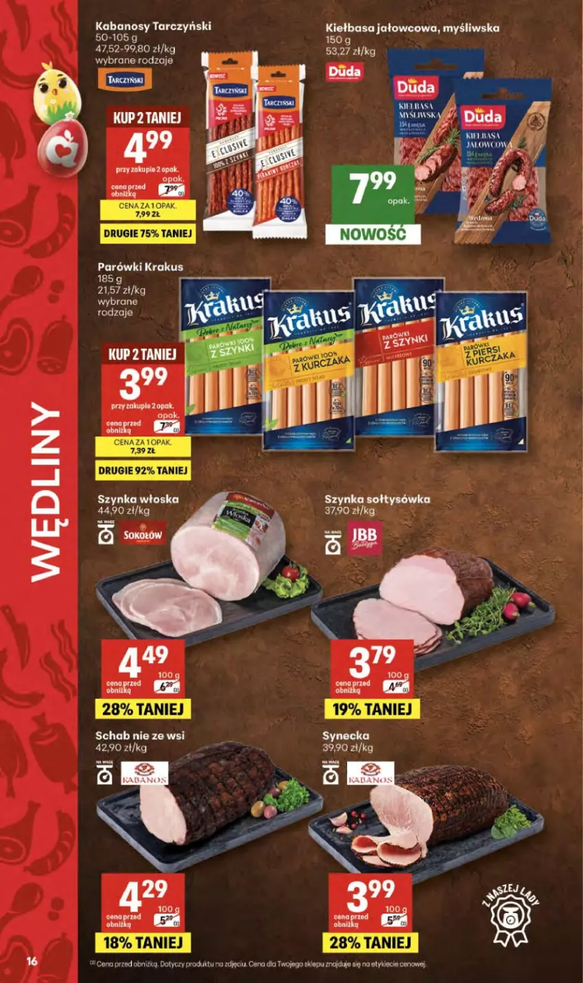 Gazetka promocyjna Delikatesy Centrum - Franczyza DC14 Czwartek - ważna 02.04 do 08.04.2026 - strona 16 - produkty: Kabanos, Kiełbasa, Krakus, Parówki, Szynka, Tarczyński