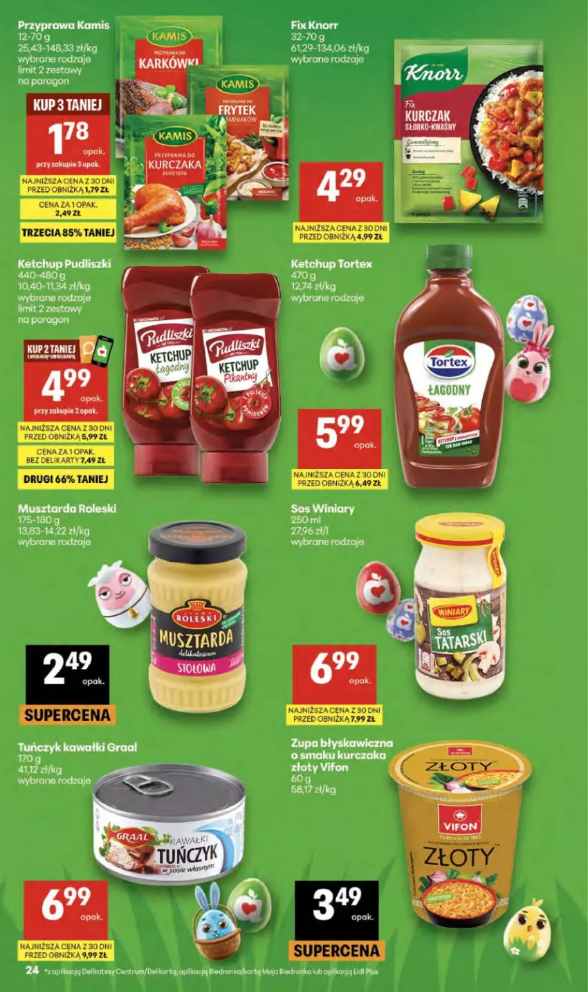 Gazetka promocyjna Delikatesy Centrum - Franczyza DC14 Czwartek - ważna 02.04 do 08.04.2026 - strona 24 - produkty: Kamis, Ketchup, Knorr, Kurczak, Mus, Musztarda, Por, Pudliszki, Rum, Sos, Winiary, Zupa
