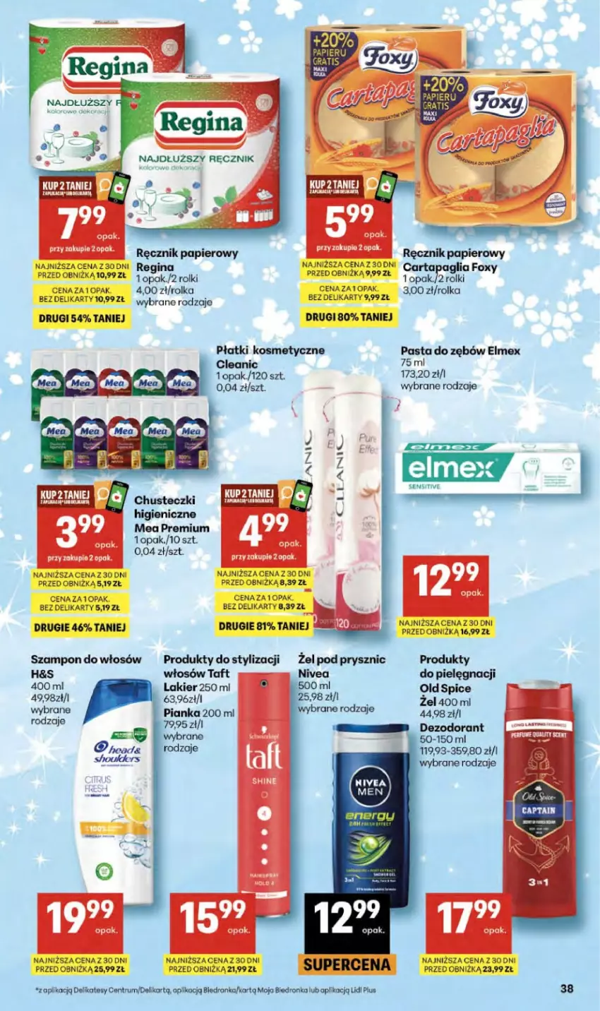 Gazetka promocyjna Delikatesy Centrum - Franczyza DC14 Czwartek - ważna 02.04 do 08.04.2026 - strona 38 - produkty: Cleanic, Dezodorant, Elmex, Foxy, Gin, Lakier, Nivea, Old Spice, Papier, Pasta do zębów, Płatki kosmetyczne, Ręcznik, Rolki, Rum, Szampon, Taft