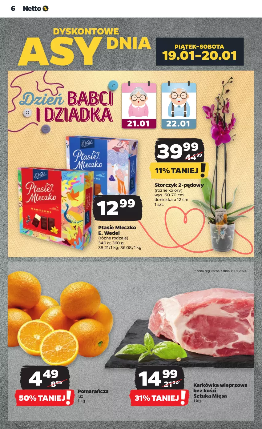 Gazetka promocyjna Netto - Artykuły spożywcze - ważna 18.01 do 24.01.2024 - strona 6 - produkty: E. Wedel, Karkówka wieprzowa, Mleczko, Ptasie mleczko, Storczyk