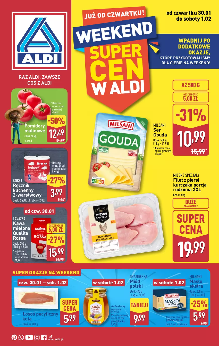 Gazetka promocyjna Aldi - Okazje na weekend - ważna 30.01 do 01.02.2025 - strona 1 - produkty: Filet z piersi kurczaka, Gouda, Gra, Kawa, Kawa mielona, Kurczak, Lavazza, Masło, Mięsne specjały, Miód, Pomidory, Por, Ręcznik, Ręcznik kuchenny, Rolki, Ser