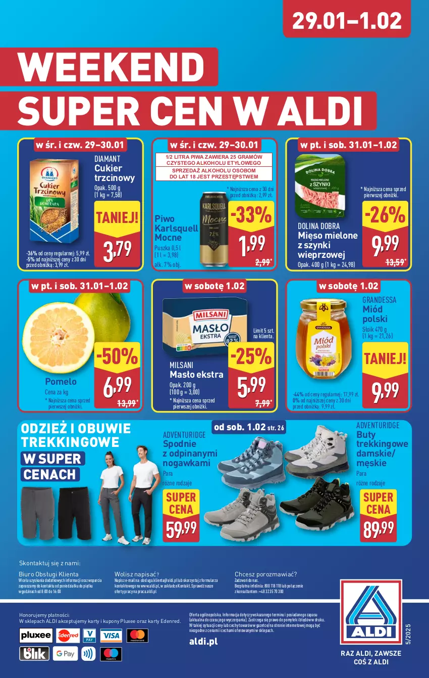 Gazetka promocyjna Aldi - Okazje na weekend - ważna 30.01 do 01.02.2025 - strona 10 - produkty: Biuro, Buty, Cukier, Cukier trzcinowy, Diamant, Gra, Karlsquell, Masło, Mięso, Mięso mielone, Mięso mielone z szynki, Miód, O nas, Obuwie, Piwa, Piwo, Pomelo, Por, Spodnie