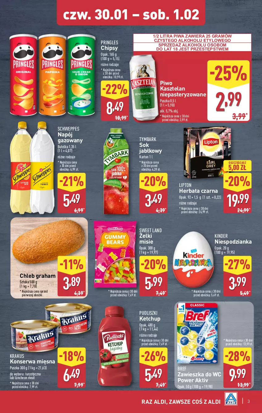 Gazetka promocyjna Aldi - Okazje na weekend - ważna 30.01 do 01.02.2025 - strona 3 - produkty: Bref, Chipsy, Chleb, Gra, Herbata, Herbata czarna, Kasztelan, Ketchup, Kinder, Krakus, Lipton, Napój, Napój gazowany, Piwa, Piwo, Pringles, Pudliszki, Schweppes, Ser, Sok, Sok jabłkowy, Tymbark, Zawieszka do wc