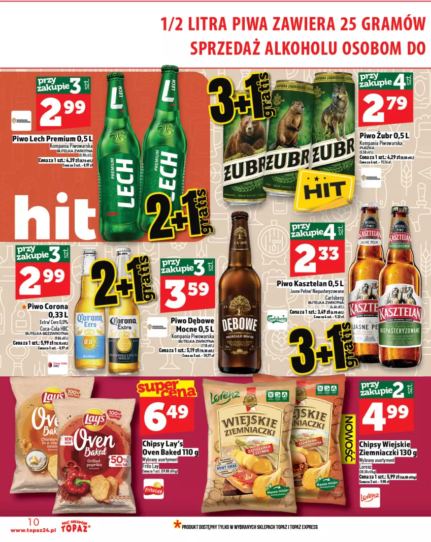 Gazetka promocyjna Topaz - Gazetka - ważna 31.07 do 06.08.2025 - strona 10 - produkty: Carlsberg, Chipsy, Coca-Cola, Kasztelan, Lech Premium, Lorenz, Piwo, Top