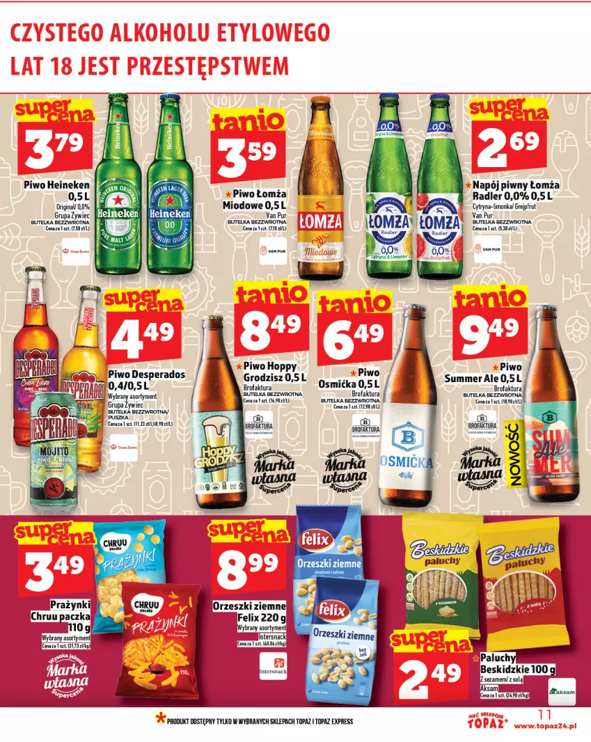 Gazetka promocyjna Topaz - Gazetka - ważna 31.07 do 06.08.2025 - strona 11 - produkty: Beskidzki, Desperados, Fa, Felix, Gin, Grejpfrut, Heineken, Limonka, Napój, Orzeszki, Orzeszki ziemne, Piwo, Pur, Radler, Sezam, Top