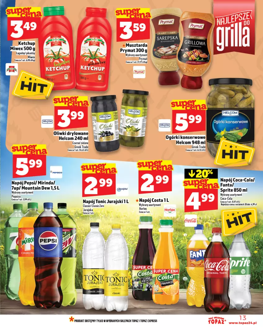 Gazetka promocyjna Topaz - Gazetka - ważna 31.07 do 06.08.2025 - strona 13 - produkty: Coca-Cola, Fa, Fanta, HELCOM, Ketchup, Mirinda, Mus, Musztarda, Napój, Ogórki konserwowe, Oliwki, Pepsi, Ser, Sprite, Top