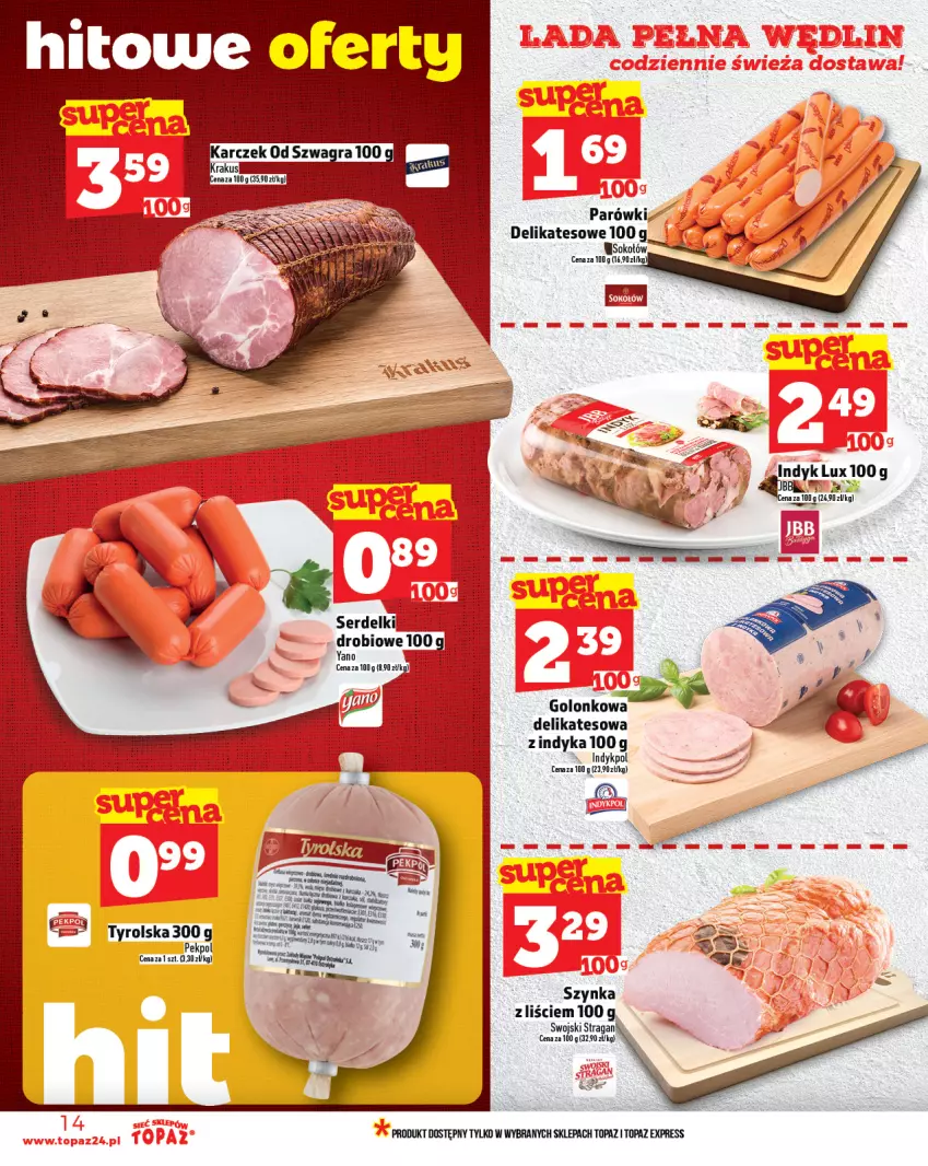 Gazetka promocyjna Topaz - Gazetka - ważna 31.07 do 06.08.2025 - strona 14 - produkty: Gra, Krakus, Parówki, Szynka, Top