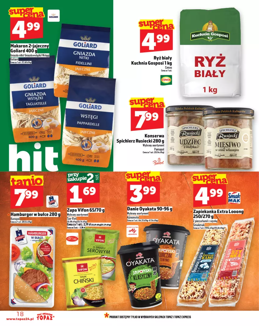 Gazetka promocyjna Topaz - Gazetka - ważna 31.07 do 06.08.2025 - strona 18 - produkty: Burger, Cenos, Goliard, Hamburger, Kuchnia, Makaron, Piec, Pieczarka, Ryż, Sos, Spichlerz Rusiecki, Top, Zapiekanka, Zupa