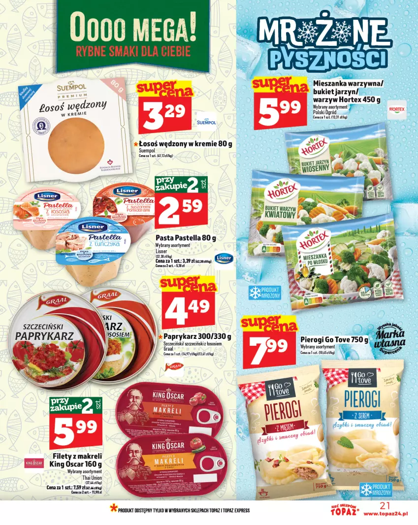 Gazetka promocyjna Topaz - Gazetka - ważna 31.07 do 06.08.2025 - strona 21 - produkty: Bukiet, Gra, Graal, Hortex, Lisner, Mieszanka warzyw, Ogród, Papryka, Paprykarz, Pastella, Pierogi, Sos, Suempol, Top, Tuńczyk, Wieszak