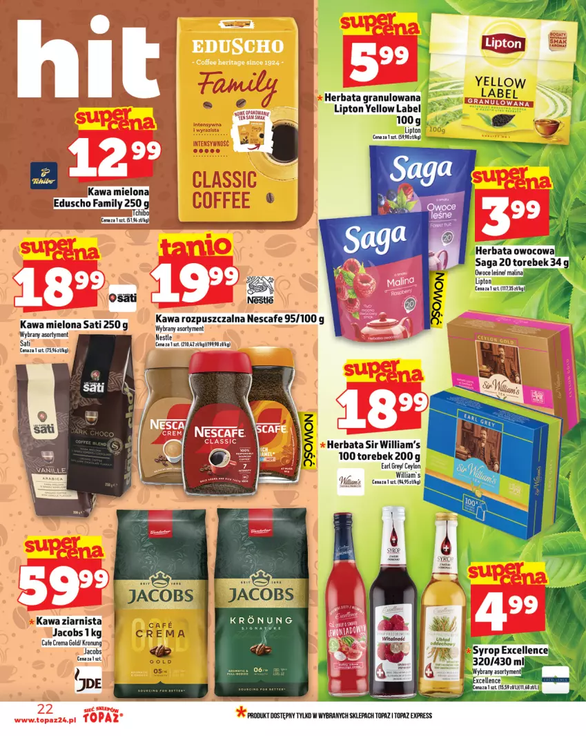 Gazetka promocyjna Topaz - Gazetka - ważna 31.07 do 06.08.2025 - strona 22 - produkty: Earl Grey, Herbata, Herbata owocowa, Kawa, Kawa rozpuszczalna, Owoce, Saga, Syrop, Top