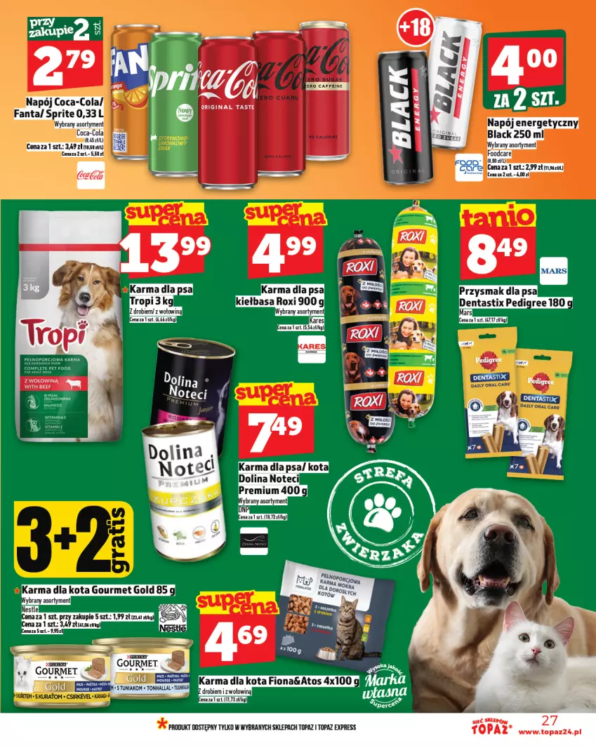 Gazetka promocyjna Topaz - Gazetka - ważna 31.07 do 06.08.2025 - strona 27 - produkty: Coca-Cola, Fa, Fanta, Gin, Kiełbasa, Lack, Napój, Napój energetyczny, Pedigree, Por, Przysmak dla psa, Sprite, Top