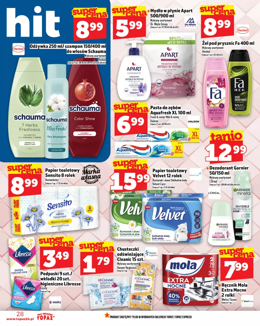 Gazetka promocyjna Topaz - Gazetka - ważna 31.07 do 06.08.2025 - strona 28 - produkty: Aquafresh, Chusteczki, Cleanic, Fa, Garnier, Gra, Granat, Leon, Mydło, Mydło w płynie, Papier, Papier toaletowy, Pasta do zębów, Podpaski, Rolki, Rum, Schauma, Sito, Sok, Top, Velvet, Wkładki