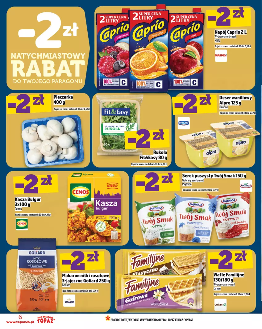 Gazetka promocyjna Topaz - Gazetka - ważna 31.07 do 06.08.2025 - strona 6 - produkty: Alpro, Danone, Deser, Fa, Goliard, LG, Makaron, Napój, Rukola, Ser, Serek, Serek puszysty, Top, Twój Smak