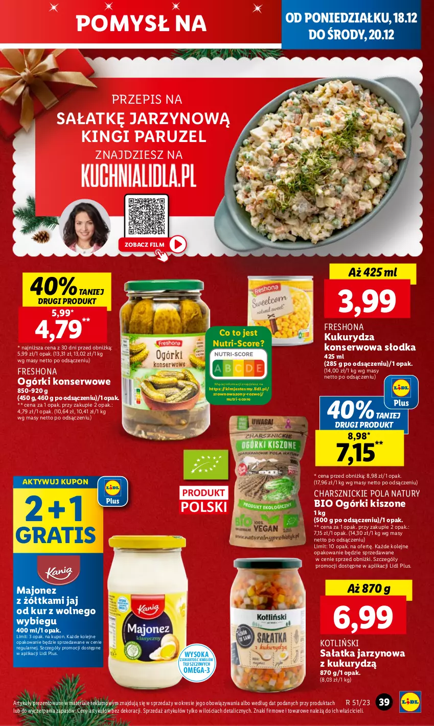 Gazetka promocyjna Lidl - GAZETKA - ważna 18.12 do 20.12.2023 - strona 43 - produkty: Gra, Kukurydza, Kukurydza konserwowa, Majonez, Ogórki konserwowe, Olej, Omega-3, Sałat, Sałatka, Ser, Sok, Wazon