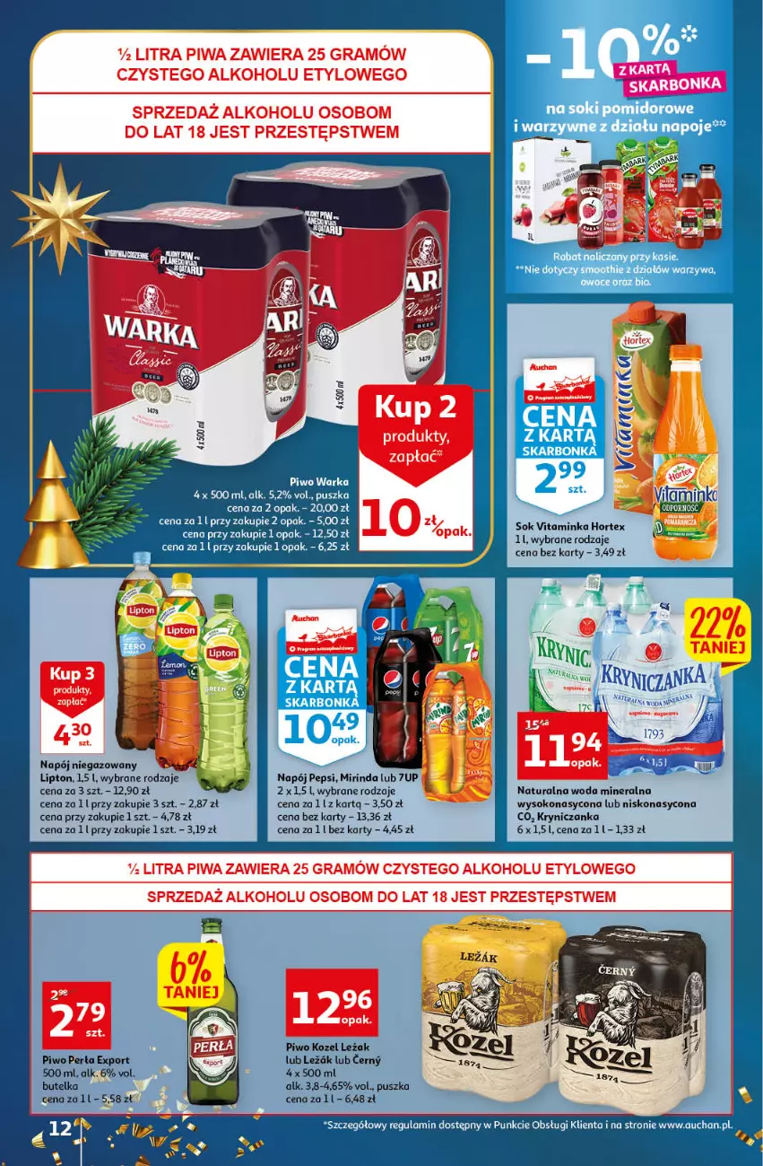 Gazetka promocyjna Auchan - Gazetka Magia Oszczędzania Auchan Hipermarket - ważna 24.11 do 30.11.2022 - strona 12 - produkty: 7up, Hortex, Inka, Kozel, Lipton, Mirinda, Napój, Napoje, Pepsi, Piwo, Smoothie, Sok, Warka, Warzywa, Woda, Woda mineralna