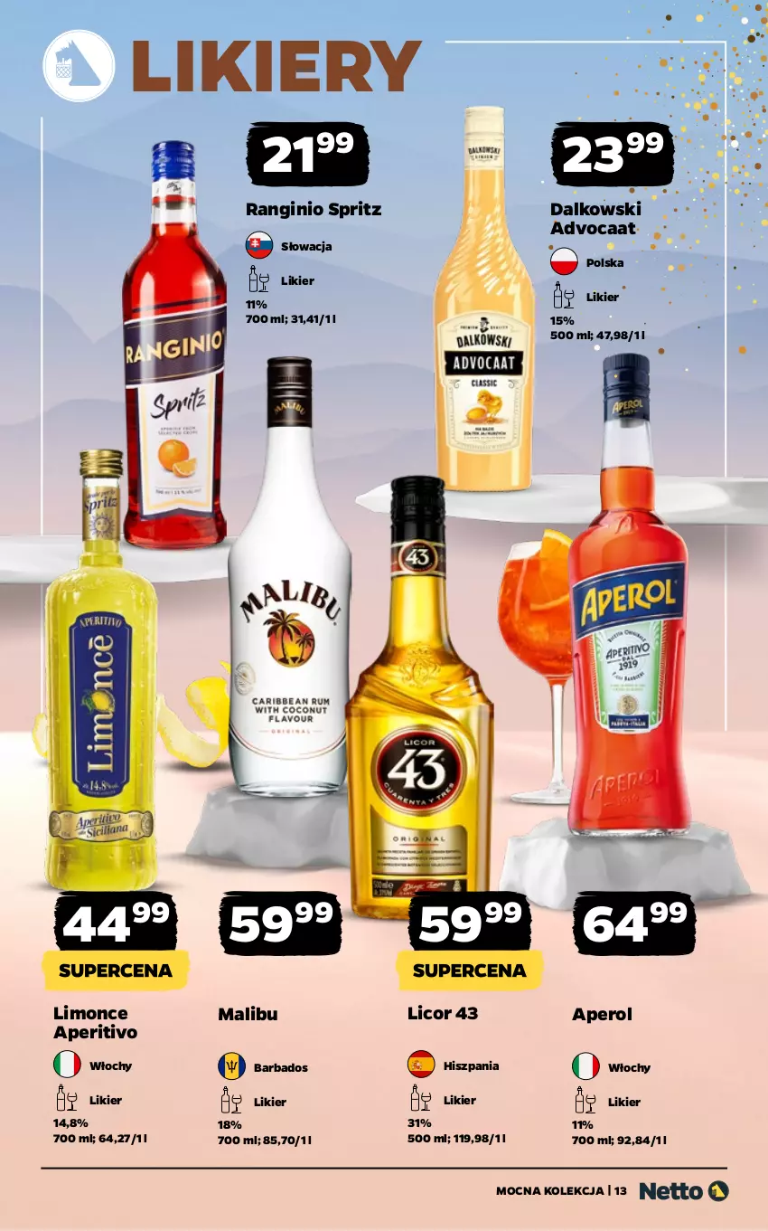 Gazetka promocyjna Netto - Alkohole - Mocne - ważna 22.12.2025 do 03.01.2026 - strona 13 - produkty: Advocaat, Aperol, Gin, Likier, Malibu