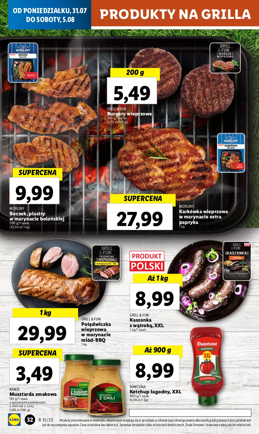 Gazetka promocyjna Lidl - GAZETKA - ważna 31.07 do 05.08.2023 - strona 42 - produkty: Boczek, Burger, Dawtona, Grill, Kamis, Karkówka wieprzowa, Kasza, Kaszanka, Ketchup, Miód, Morliny, Mus, Musztarda, Papryka, Polędwiczka wieprzowa