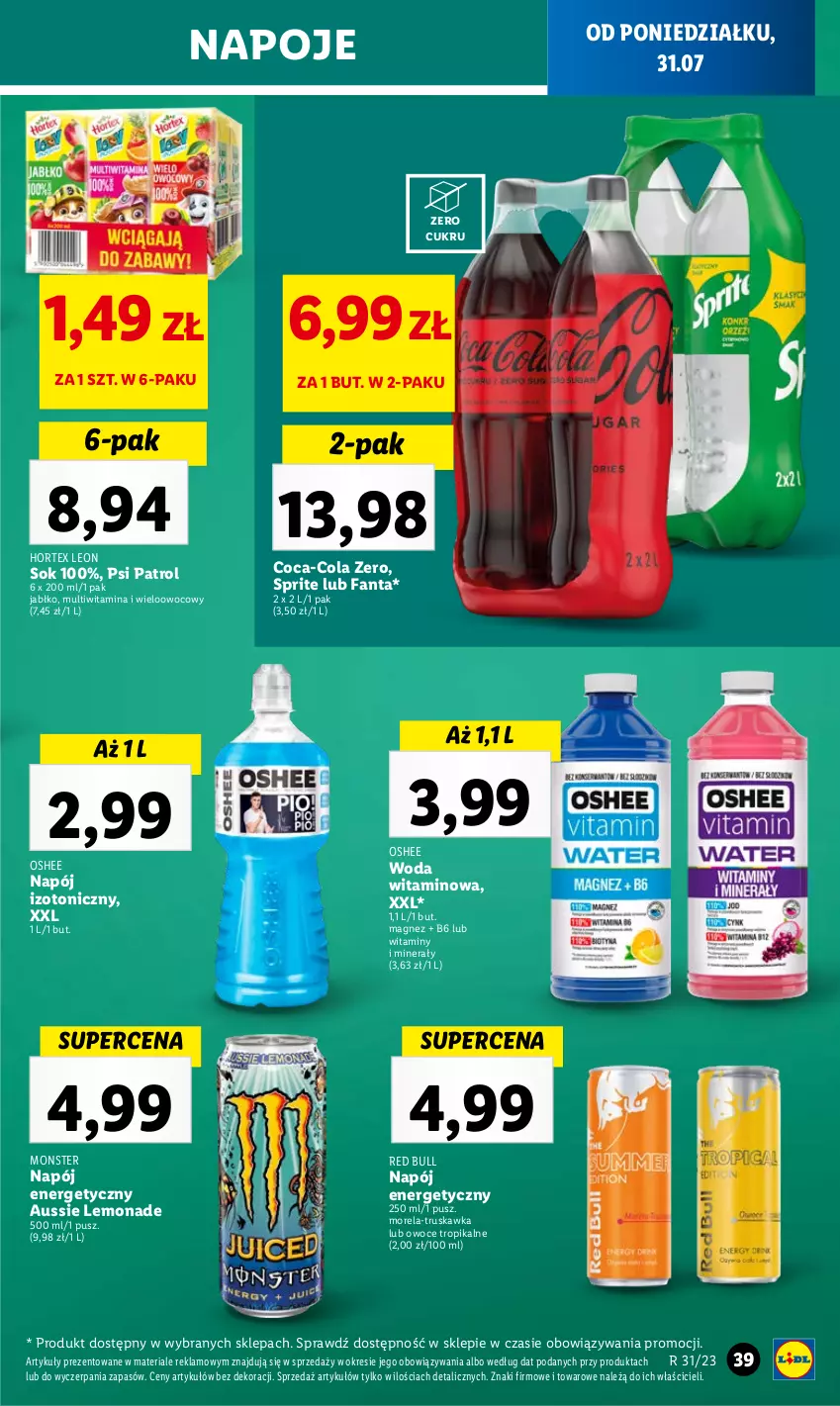 Gazetka promocyjna Lidl - GAZETKA - ważna 31.07 do 05.08.2023 - strona 51 - produkty: Coca-Cola, Fa, Fanta, Hortex, Leon, Magnez, Morela, Napój, Napój energetyczny, Napój izotoniczny, Napoje, Oshee, Owoce, Psi Patrol, Red Bull, Sok, Sprite, Woda