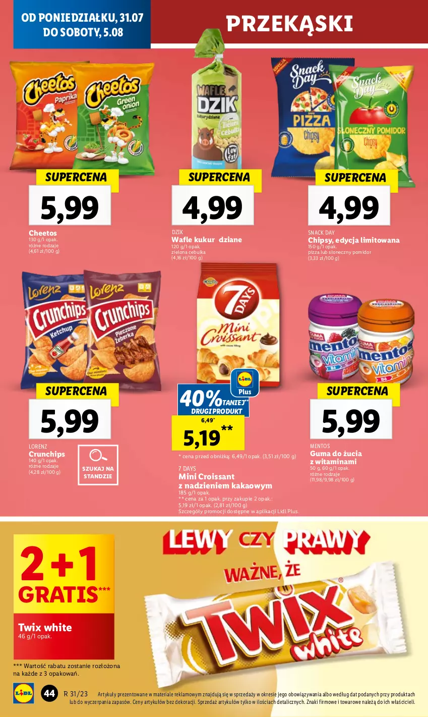 Gazetka promocyjna Lidl - GAZETKA - ważna 31.07 do 05.08.2023 - strona 56 - produkty: 7 Days, Cheetos, Chipsy, Croissant, Crunchips, Gra, Guma do żucia, Kakao, Lorenz, Mentos, Pizza, Twix, Wafle