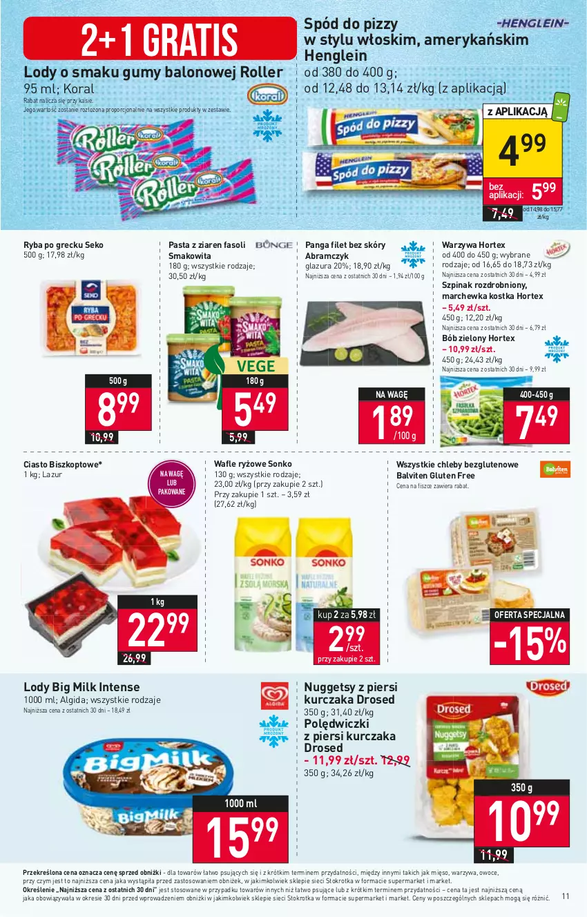 Gazetka promocyjna Stokrotka - Market - ważna 15.06 do 21.06.2023 - strona 11 - produkty: Algida, Big Milk, Chleb, Fa, Glazura, Gra, Hortex, Kurczak, Lazur, LG, Lody, Marchewka, Mięso, Owoce, Panga, Por, Roller, Ryba, Ryba po grecku, Ryż, SEKO, Smakowita, Sonko, Spód do pizzy, Szpinak, Wafle, Warzywa