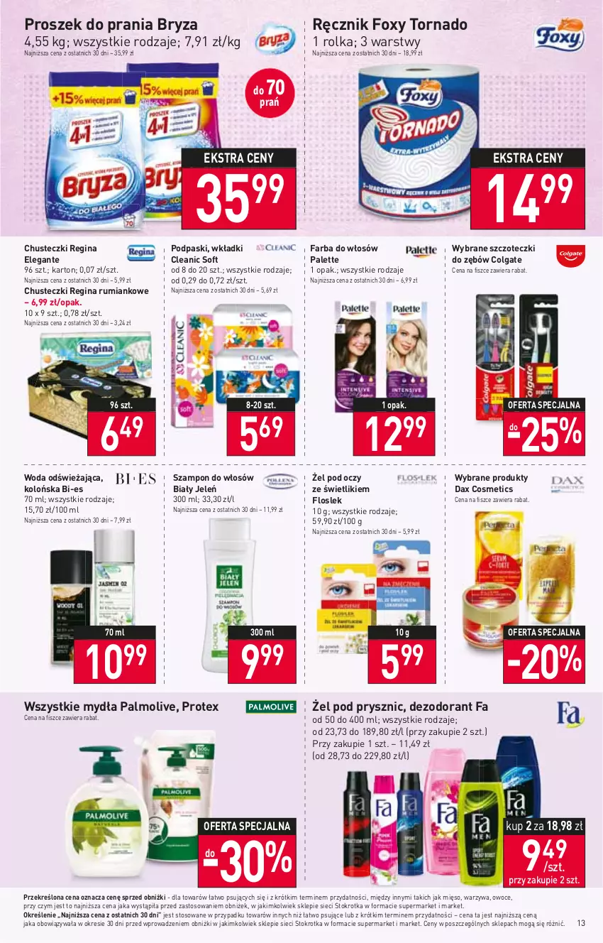 Gazetka promocyjna Stokrotka - Market - ważna 15.06 do 21.06.2023 - strona 13 - produkty: Biały Jeleń, Bryza, Chusteczki, Cleanic, Colgate, DAX, Dezodorant, Fa, Farba do włosów, Foxy, Gin, LG, Mięso, Owoce, Palette, Palmolive, Podpaski, Proszek do prania, Ręcznik, Rum, Szampon, Warzywa, Wkładki, Woda