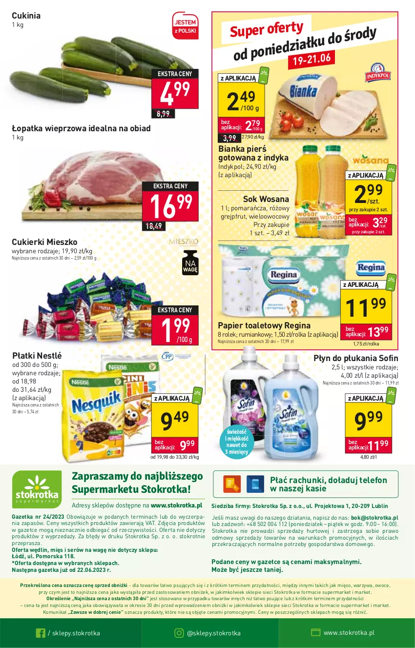 Gazetka promocyjna Stokrotka - Market - ważna 15.06 do 21.06.2023 - strona 16 - produkty: Bianka, Cukier, Cukierki, Gin, Grejpfrut, Mięso, Nestlé, O nas, Owoce, Papier, Papier toaletowy, Płyn do płukania, Rum, Ser, Sok, Telefon, Wagi, Warzywa, Wosana