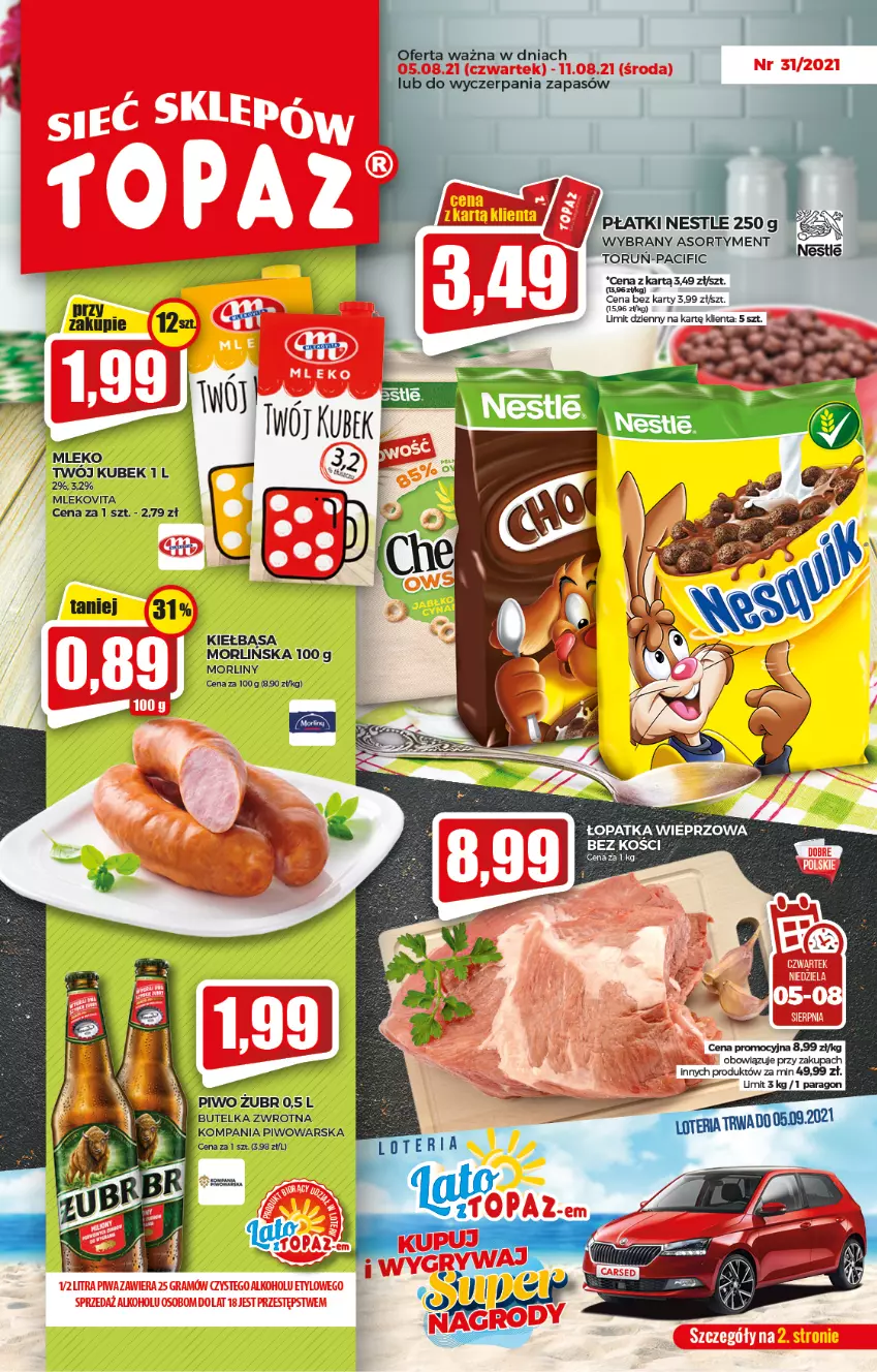 Gazetka promocyjna Topaz - Gazetka - ważna 05.08 do 11.08.2021 - strona 1 - produkty: Cif, Kiełbasa, Kubek, Mleko, Mlekovita, Morliny, Piwo, Vita C