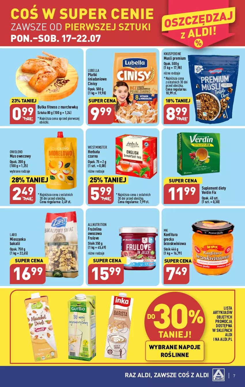 Gazetka promocyjna Aldi - Pełna oferta - ważna 17.07 do 22.07.2023 - strona 7 - produkty: Bell, Bella, Bułka, Bułka fitness, Danio, Frużelina, Herbata, Herbata czarna, Konfitura, Lubella, Mus, Napoje, Suplement diety