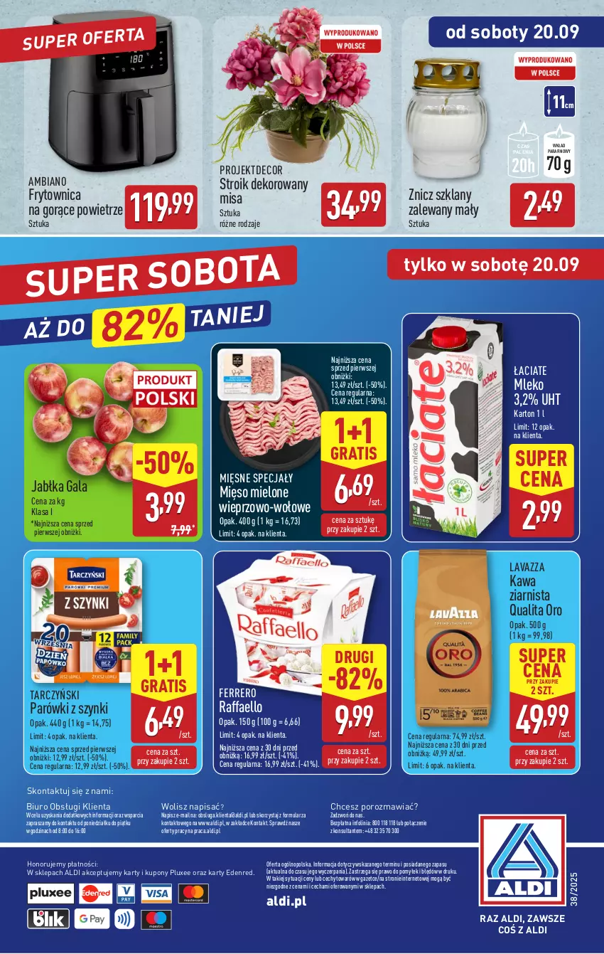 Gazetka promocyjna Aldi - Oferta weekendowa - ważna 18.09 do 20.09.2025 - strona 14 - produkty: Biuro, Fa, Ferrero, Gala, Gra, Jabłka, Kawa, Kawa ziarnista, Lavazza, Mięsne specjały, Mięso, Mięso mielone, Mleko, O nas, Parówki, Parówki z szynki, Por, Raffaello, Tarczyński, Znicz