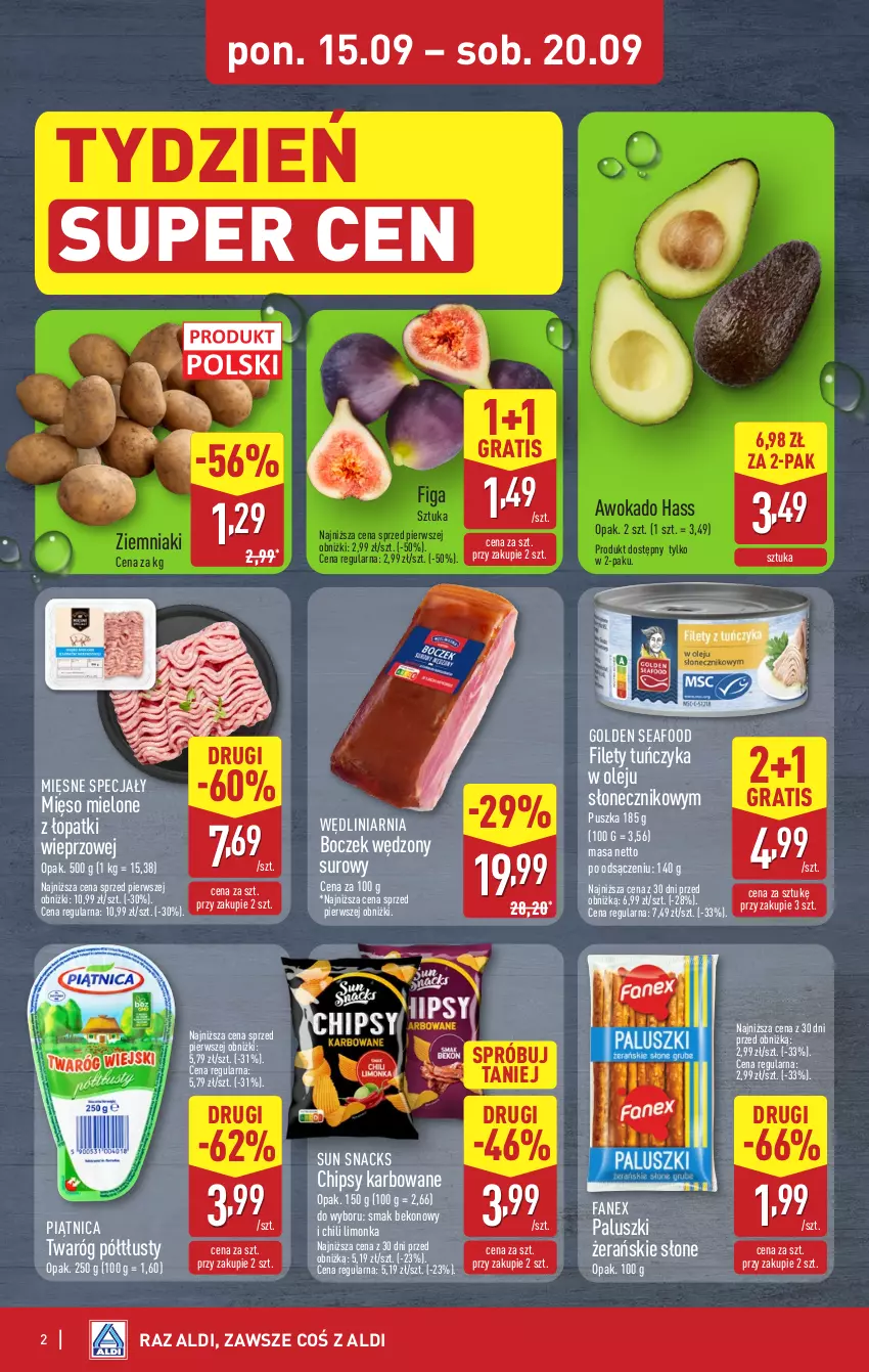 Gazetka promocyjna Aldi - Oferta weekendowa - ważna 18.09 do 20.09.2025 - strona 2 - produkty: Beko, Boczek, Chipsy, Fa, Golden Seafood, Gra, Limonka, Mięsne specjały, Mięso, Mięso mielone, Mięso mielone z łopatki wieprzowej, Olej, Piątnica, Tuńczyk, Twaróg, Twaróg półtłusty, Ziemniaki