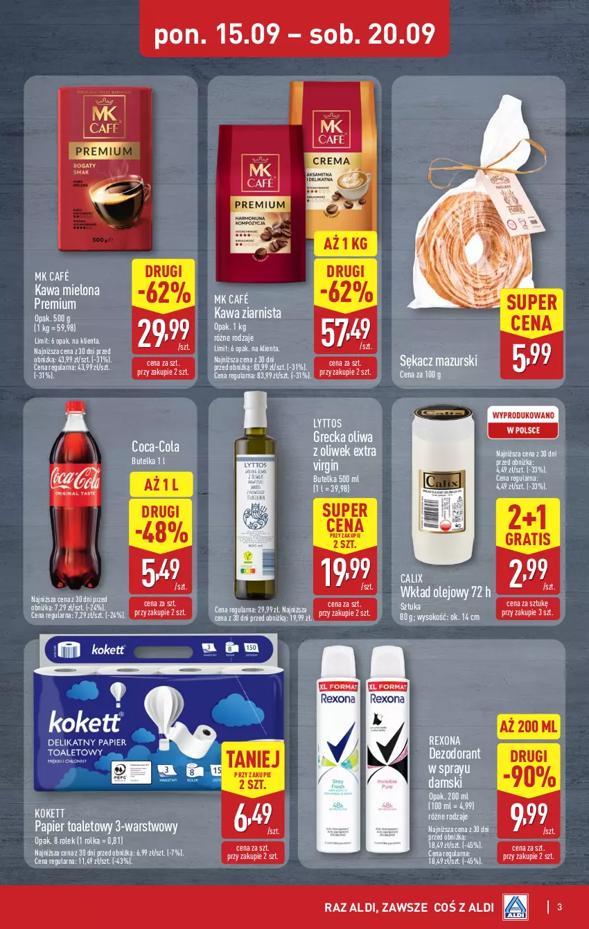 Gazetka promocyjna Aldi - Oferta weekendowa - ważna 18.09 do 20.09.2025 - strona 3 - produkty: Coca-Cola, Dezodorant, Gin, Gra, Kawa, Kawa mielona, Kawa ziarnista, Olej, Oliwa, Oliwa z oliwek, Papier, Papier toaletowy, Rexona, Sękacz, Sok, Wkład olejowy