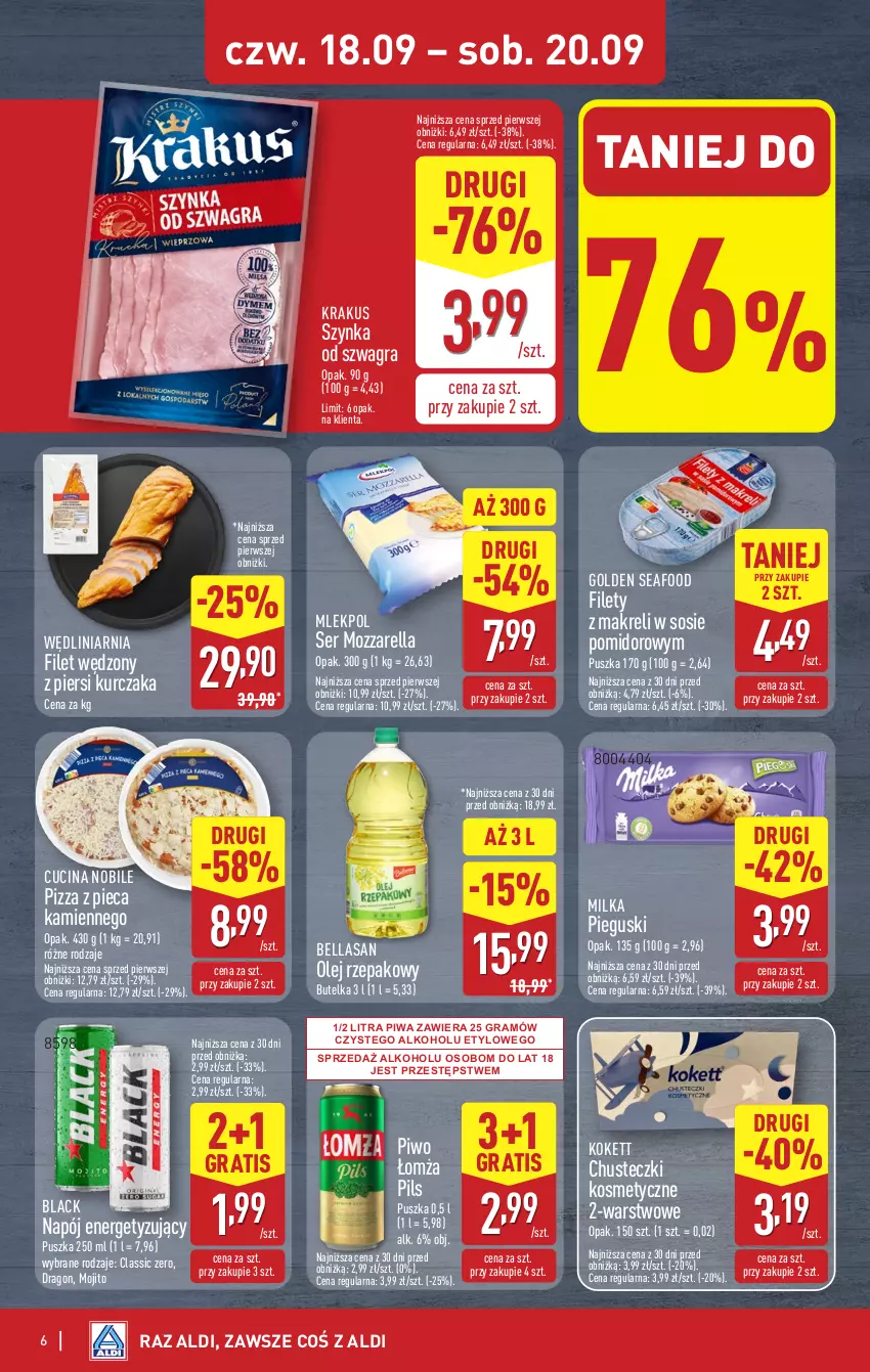 Gazetka promocyjna Aldi - Oferta weekendowa - ważna 18.09 do 20.09.2025 - strona 6 - produkty: Bell, Bella, Chusteczki, Chusteczki kosmetyczne, Golden Seafood, Gra, Krakus, Kurczak, Lack, Milka, Mozzarella, Napój, Olej, Olej rzepakowy, Piec, Piwa, Piwo, Pizza, Pizza z pieca kamiennego, Ser, Sos, Szynka
