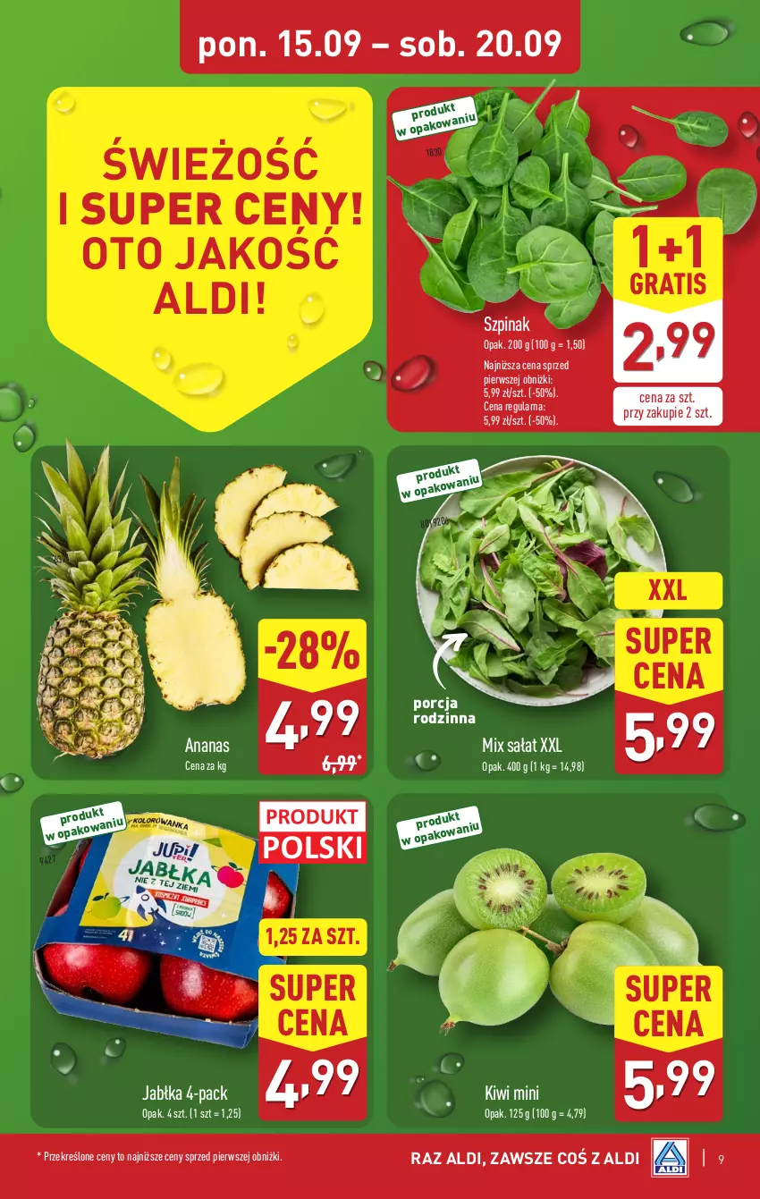 Gazetka promocyjna Aldi - Oferta weekendowa - ważna 18.09 do 20.09.2025 - strona 9 - produkty: Ananas, Gra, Jabłka, Kiwi, Por, Sałat, Szpinak