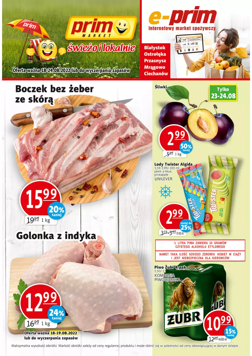 Gazetka promocyjna Prim Market - ważna 18.08 do 24.08.2022 - strona 1 - produkty: Algida, Boczek, Golonka z indyka, LG, Lody, Sok