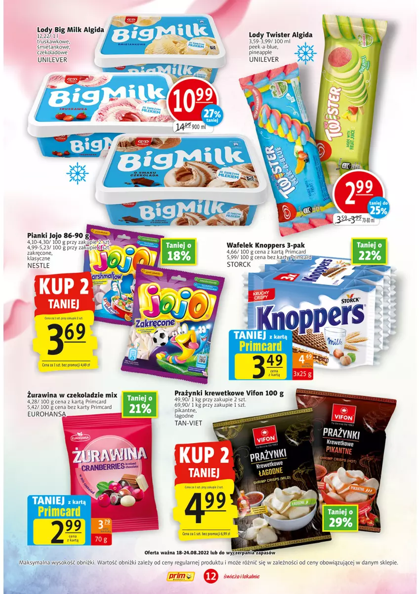 Gazetka promocyjna Prim Market - ważna 18.08 do 24.08.2022 - strona 12 - produkty: Algida, Big Milk, Knoppers, LG, Lody, Sok, Wafelek