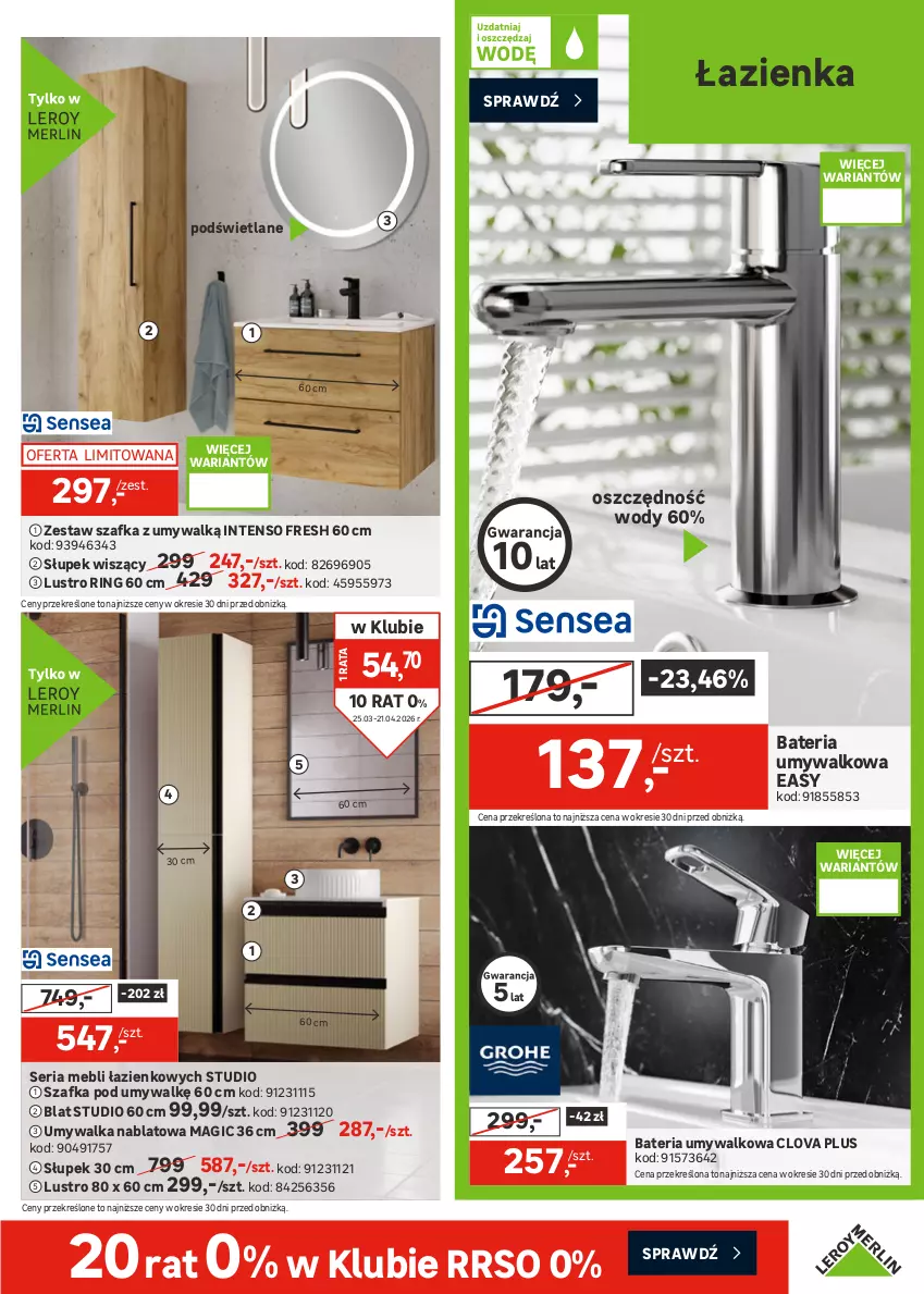 Gazetka promocyjna Leroy Merlin - Gazetka Leroy Merlin - ważna 25.03 do 21.04.2026 - strona 27 - produkty: Bateria, Bateria umywalkowa, Gres, Gres szkliwiony, Lustro, Por, Ser, Słupek, Słupek wiszący, Szafka, Szafka pod umywalkę, Umywalka