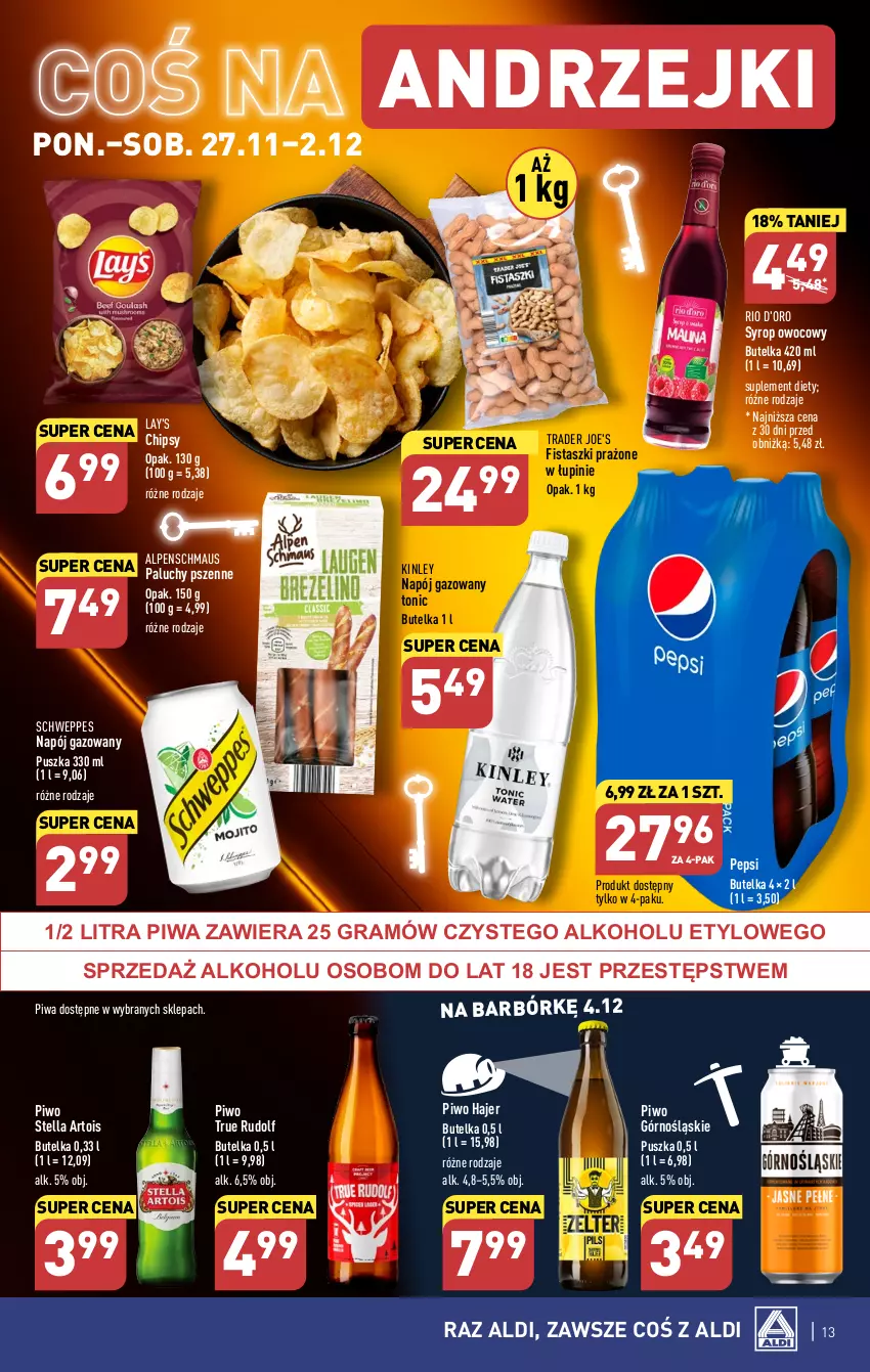 Gazetka promocyjna Aldi - Pełna oferta - ważna 27.11 do 02.12.2023 - strona 13 - produkty: Chipsy, Gra, Napój, Napój gazowany, Pepsi, Piwa, Piwo, Schweppes, Suplement diety, Syrop